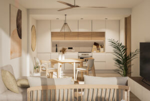 Salón cocina de los apartamentos del edificio Oasis Cotillo en Fuerteventura