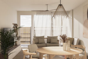 Detalles de mesa de salón de los apartamentos del edificio Oasis Cotillo en Fuerteventura