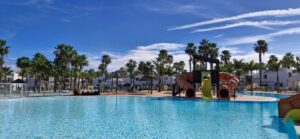 Perspetiva con vistas a Palmeras de la piscina comunitaria del apartamento en Oasis Dunas de Corralejo, Fuerteventura.
