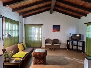 Salón con detalles de vigas de madera en el techo de la Villa con cuatro apartamentos independientes en Lajares