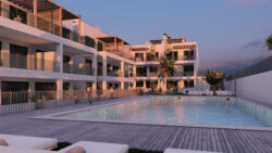 Vista exterior de la piscina y apartamentos planta baja del edificio Oasis Cotillo en Fuerteventura